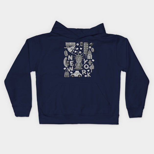 New York City Grey Doodle Kids Hoodie by NomadicQuest